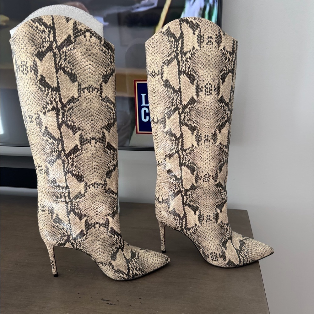 SCHUTZ Snakeskin Heeled Boots in Black and Cream